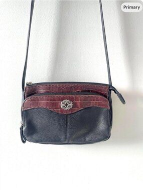 Vintage Rolfs Leather Crossbody Bag Black Pebbled Burgundy Croc 90s Minimalist